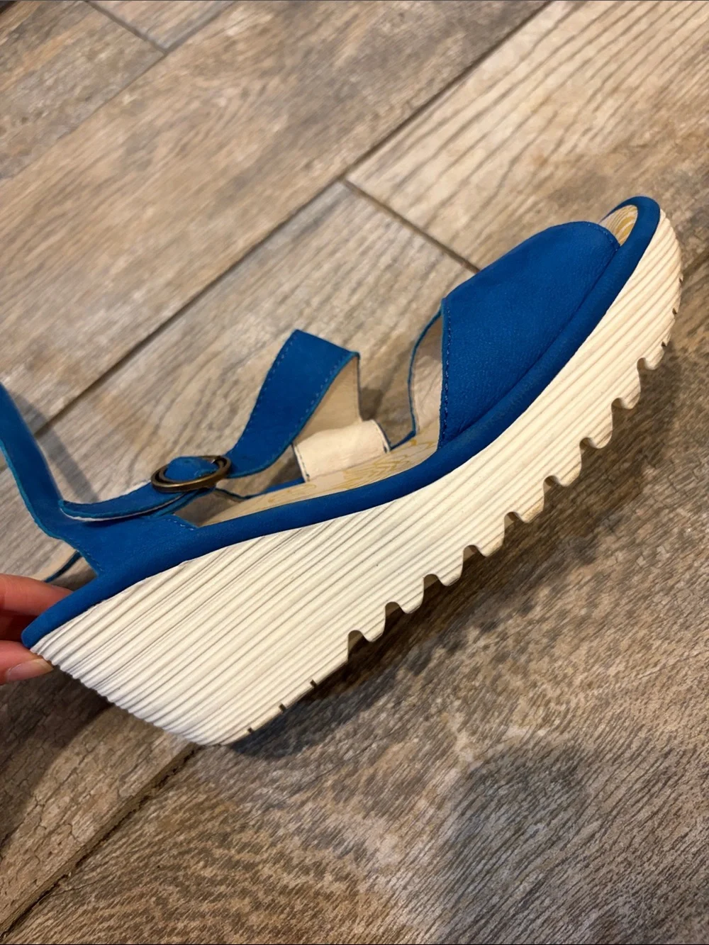 Fly London Yesk Blue Wedge Sandals with Ankle Strap size 37 US 6-6.5